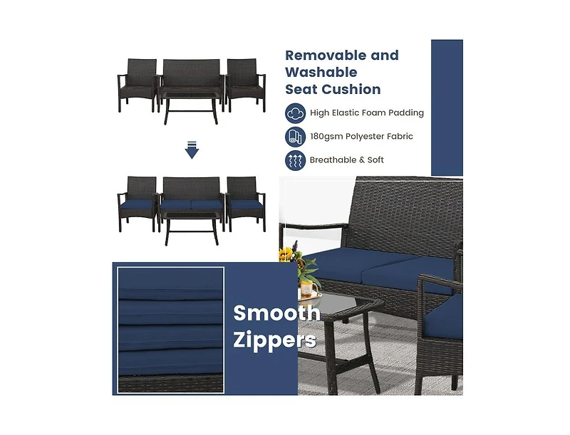 Boyel Living 4 Pieces Outdoor Rattan Conversation Set with Tempered Glass Coffee Table