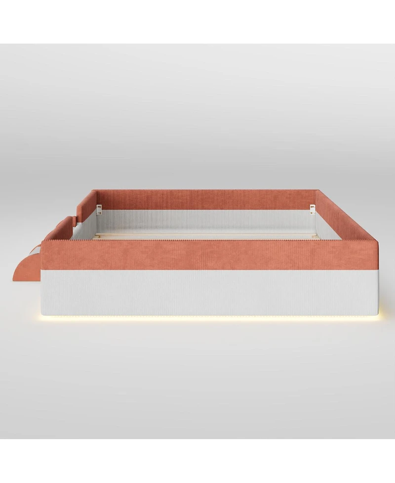 Streamdale Furniture Queen Upholstered Floor Bed with Fence and Led Lights
