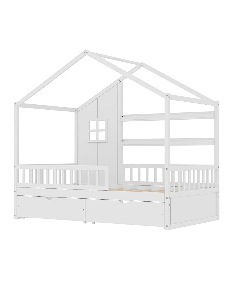 Streamdale Furniture Kids Twin Floor Bed with Roof, Curtains, Guardrails and 2 Drawers