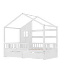 Streamdale Furniture Kids Twin Floor Bed with Roof, Curtains, Guardrails and 2 Drawers