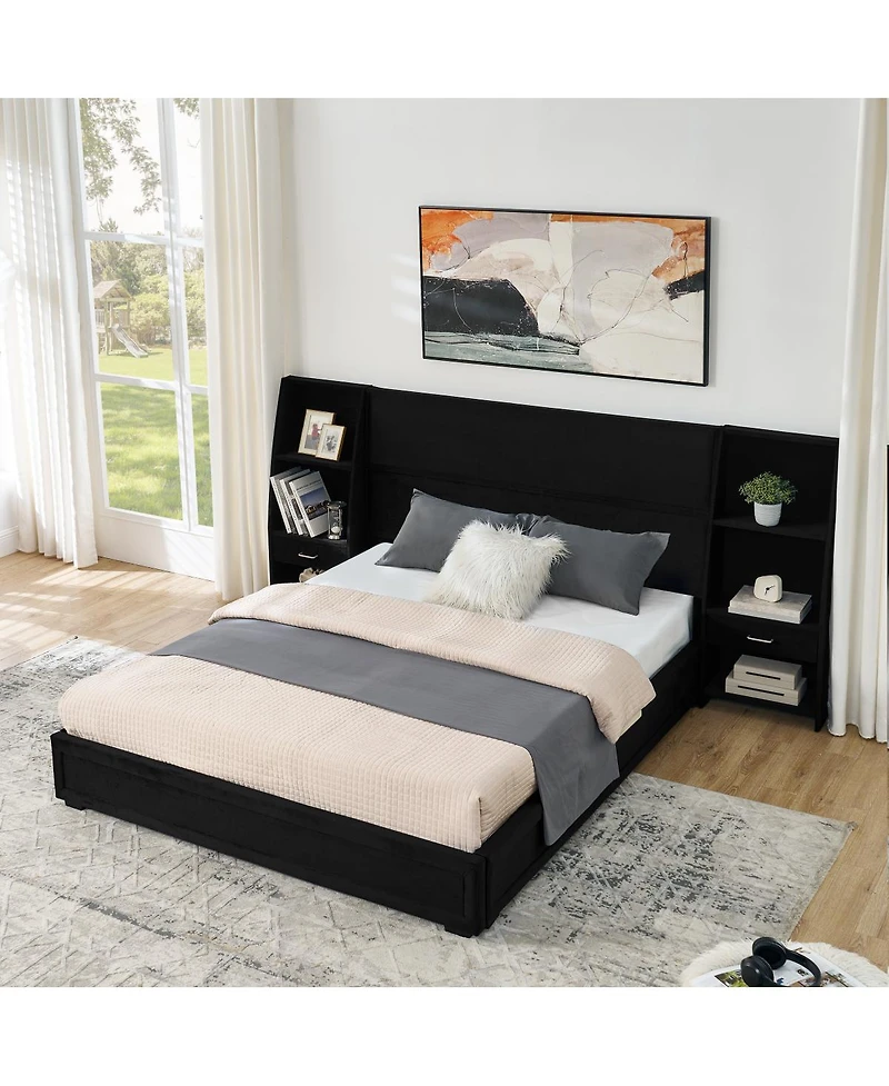 Streamdale Furniture Queen Velvet Storage Platform Bed Frame with Bookcases and Drawer