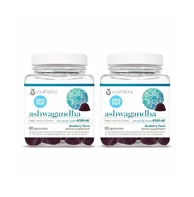 Youtheory Ashwagandha Gummies Stress and Energy Support Ksm 66 and Ginger Zero Sugar Blueberry 60 Count, Pack of 2 60 Day Supply