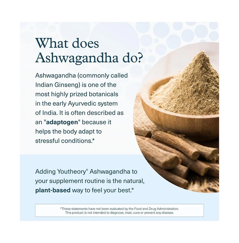 Youtheory Ashwagandha 1000 Milligram Stress Support Supplement Cortisol Support Supplement Gluten, Dairy and Soy Free 60 Vegetarian Capsules