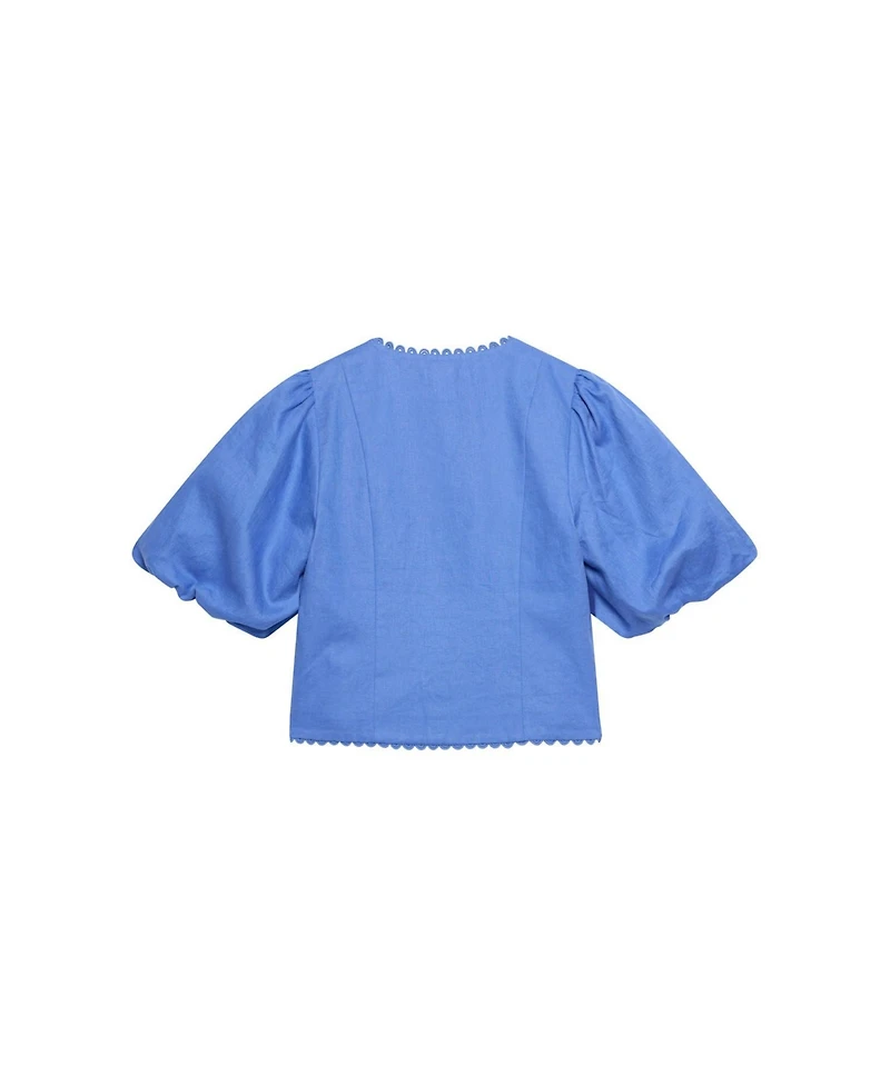 Mint Velvet Women's V-Neck Short Puff-Sleeve Scalloped Edge Blouse
