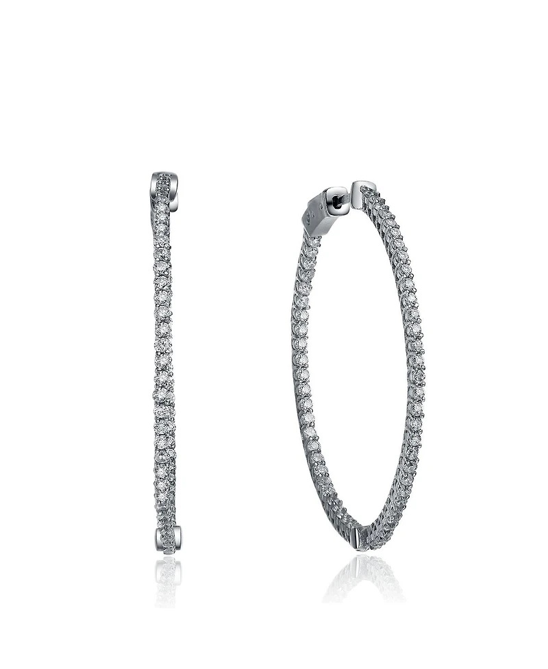 Genevive Radiant White Gold Plated Cz Black Plated Slim Hoop Earrings