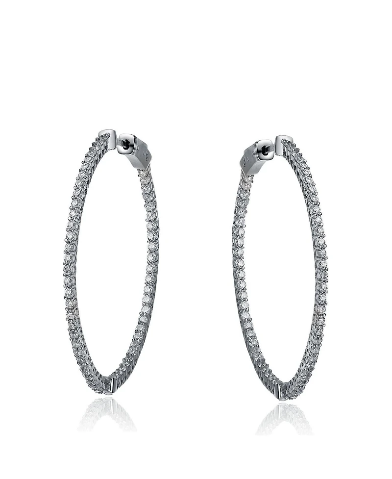 Genevive Radiant White Gold Plated Cz Black Plated Slim Hoop Earrings