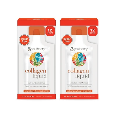 Youtheory Collagen Liquid for Hair Skin and Nails with Collagen Peptides and Amino Acids, Berry Flavor, 12 Single Serving Packets Pack of 2