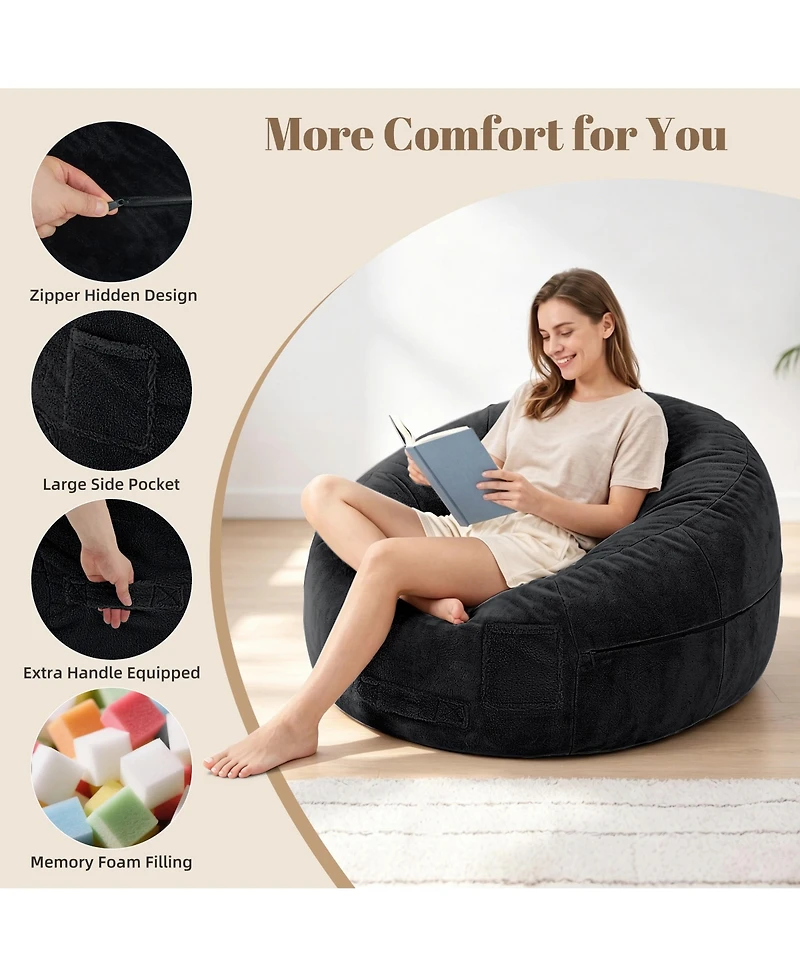 4 1 Bean Bag Chair for Adult, Large Beanbag with Memory Foam and Removable Cover, Oversized Ultra Soft Velvet Lazy Sofa Couch Bed