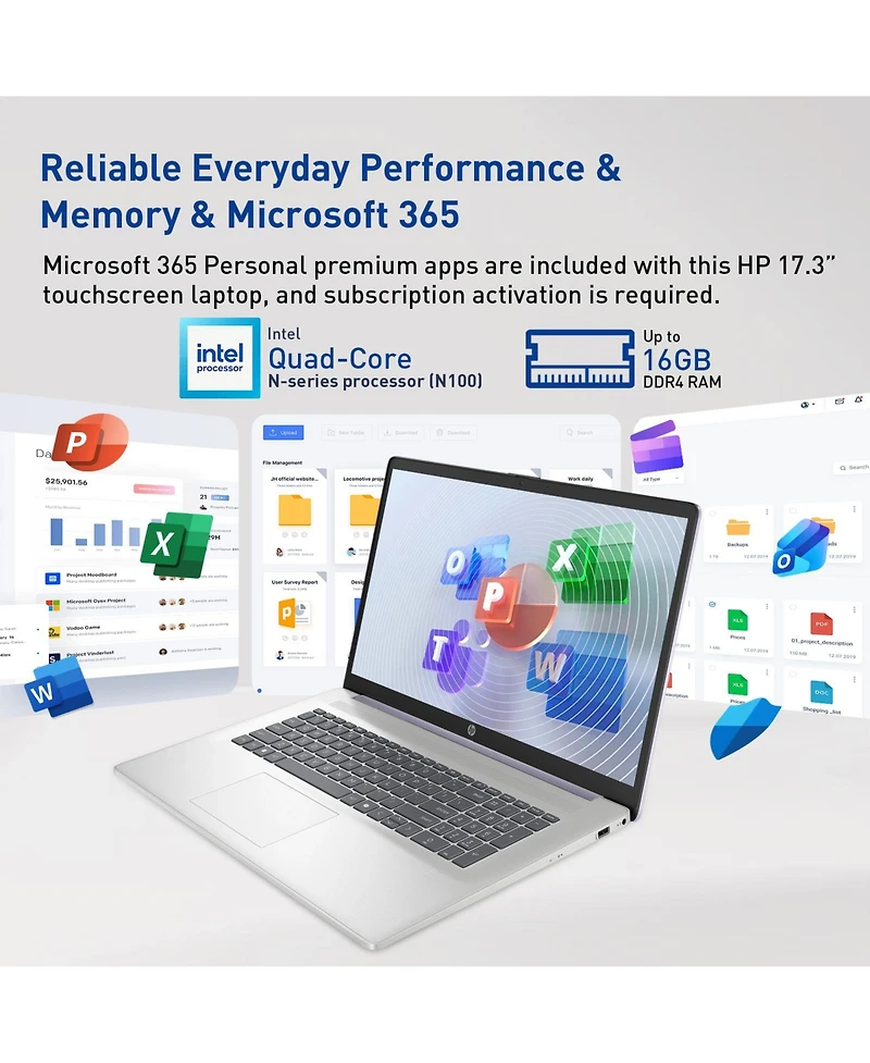 Hp 17.3 Inch Touchscreen Laptop, Intel N100, Intel Uhd Graphics, 16GB Ram, 128GB eMMC + 1TB Ssd, Wi Fi 6, Windows 11 Home, Purple