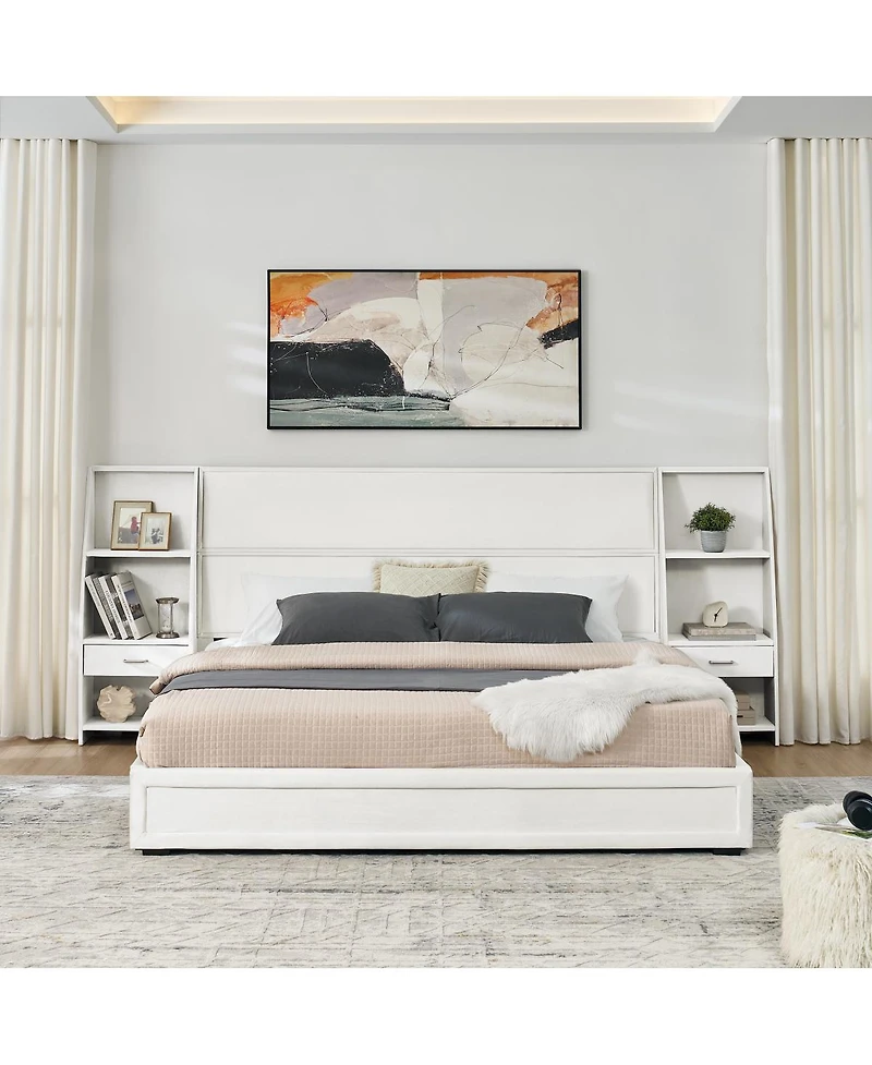 Streamdale Furniture King Size Velvet Storage Platform Bed Frame with Bookcases and Drawer