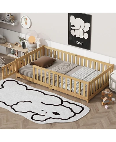 Streamdale Furniture Twin Size Wooden Floor Bed with Fence and Door
