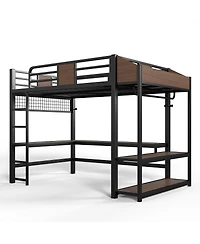 Streamdale Furniture Full Metal Loft Bed with L-Shaped Desk, Led Lights, Shelves and Usb