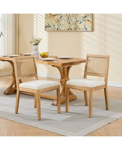 Flynama Set of 2 Farmhouse Cane Rattan Mid-Century Dining Chairs, Distressed Solid Hardwood Frame 300 Lbs Capacity