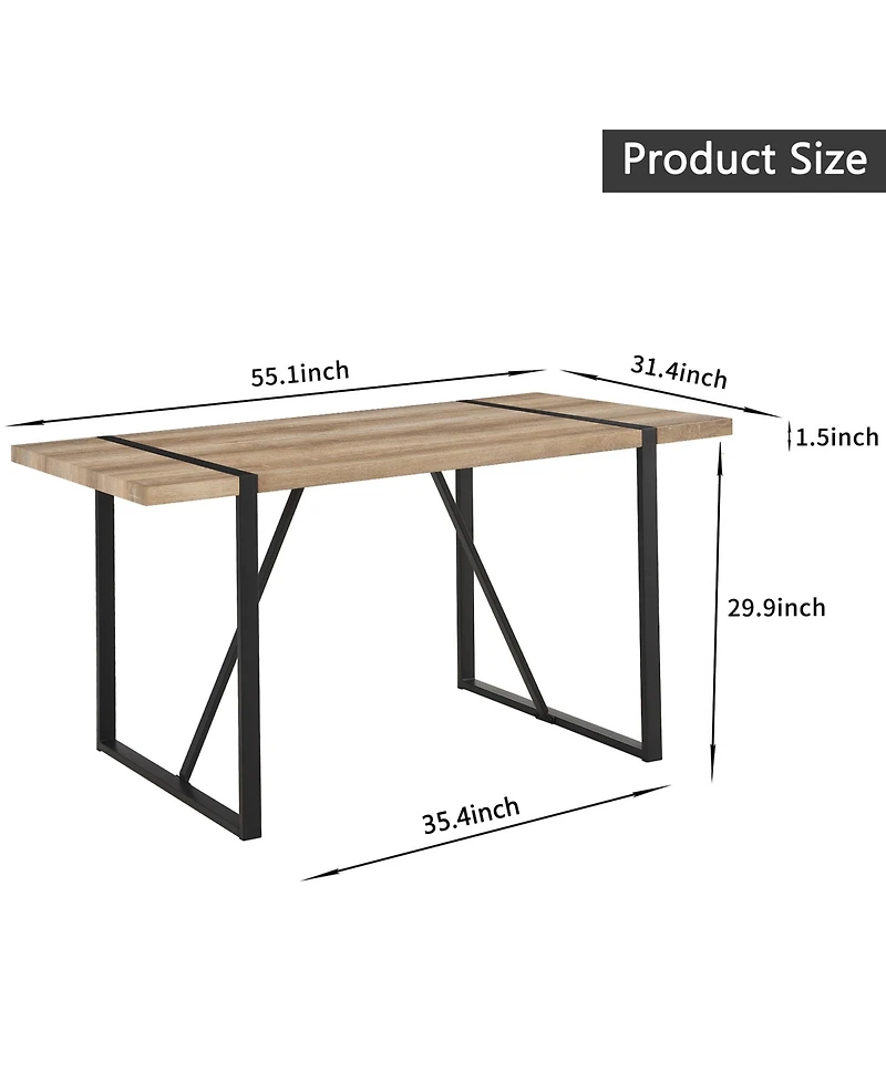 Flynama 5-Piece 55" Wood Tone Dining Set, Linen Chairs and Metal Base