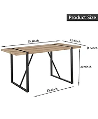 Flynama 5-Piece 55" Wood Tone Dining Set, Linen Chairs and Metal Base