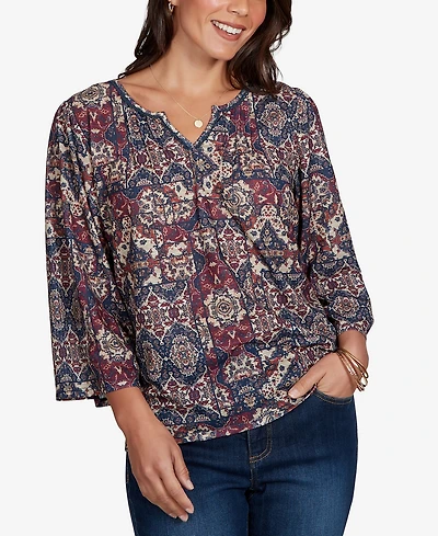 Ruby Rd. Petite Patchwork 3/4-Sleeve Henley Blouse