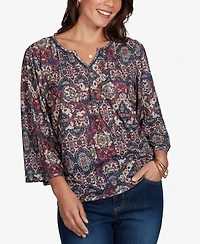 Ruby Rd. Petite Patchwork 3/4-Sleeve Henley Blouse