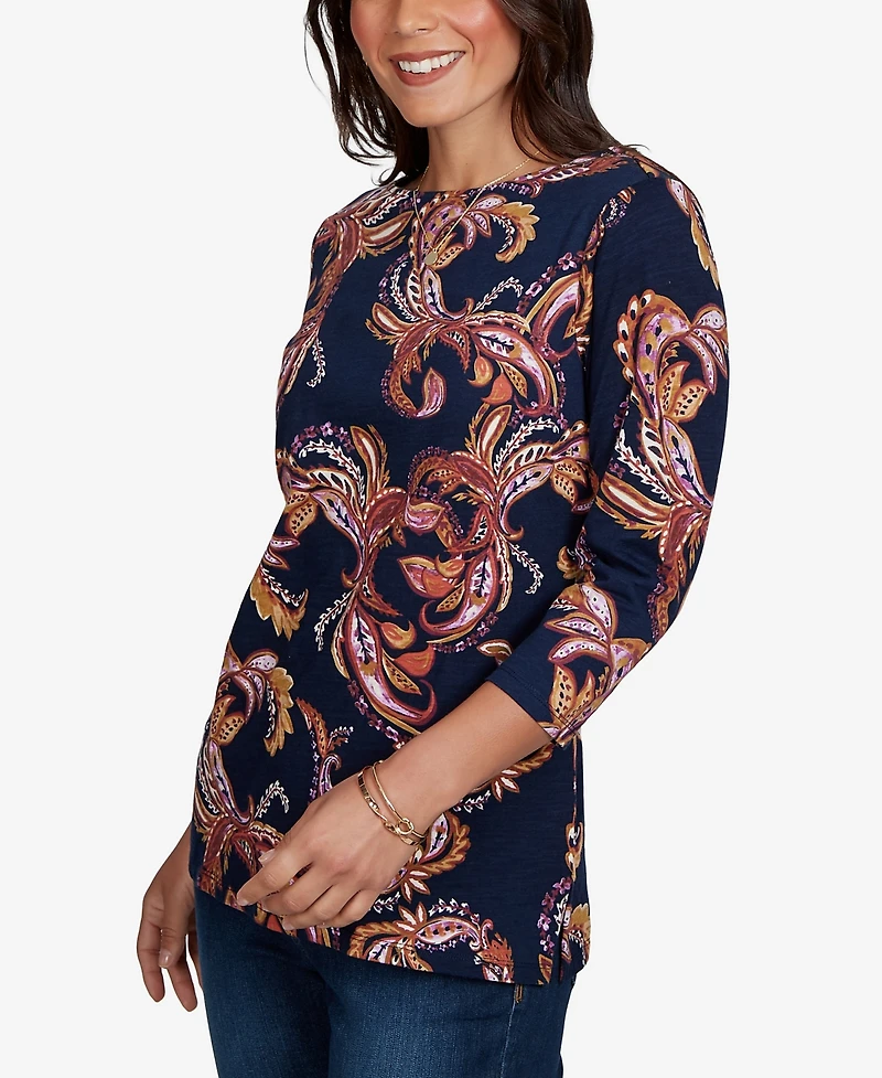 Ruby Rd. Petite Paisley-Print Boat Neck 3/4-Sleeve Top