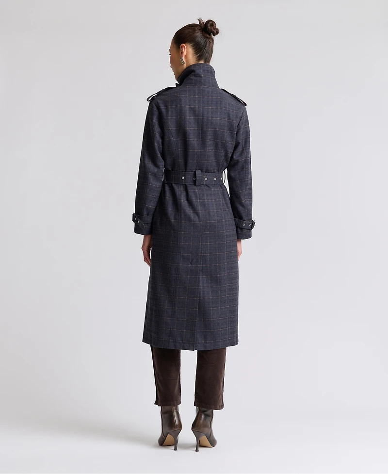 Avec Les Filles Women's Plaid Funnel Neck Belted Trench Coat