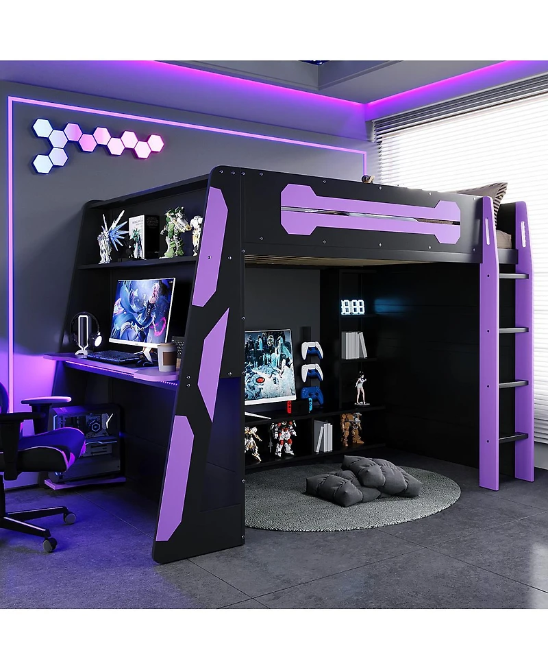 Streamdale Furniture Full Size Wood Loft Bed with Desk, Multi-storage Shelves and Rgb Light