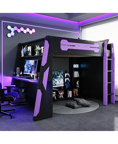 Streamdale Furniture Full Size Wood Loft Bed with Desk, Multi-storage Shelves and Rgb Light