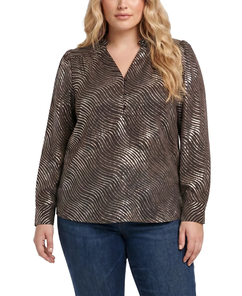 Ny Collection Plus Metallic-Print V-Neck Long-Sleeve Blouse