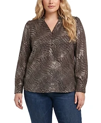 Ny Collection Plus Metallic-Print V-Neck Long-Sleeve Blouse