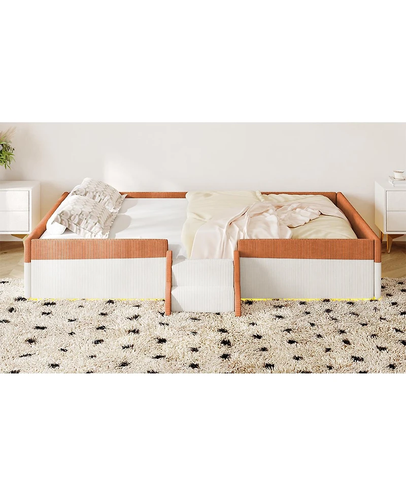 Streamdale Furniture Full Size Upholstered Floor Bed with Fence, Steps and Led Lights