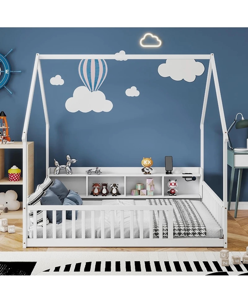 Streamdale Furniture Full House Floor Bed with Storage, Led Lights and Charging Station