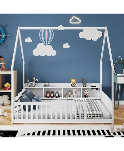 Streamdale Furniture Full House Floor Bed with Storage, Led Lights and Charging Station