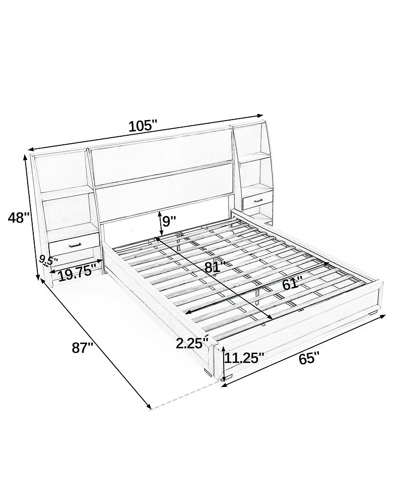 Streamdale Furniture Queen Velvet Storage Platform Bed with Bookcases and Drawer