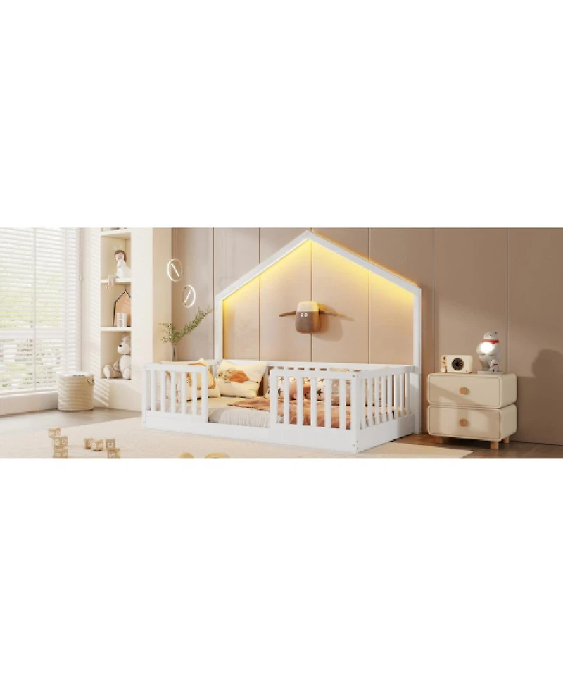 Streamdale Furniture Twin Floor Bed with High Rails and Light for Kids
