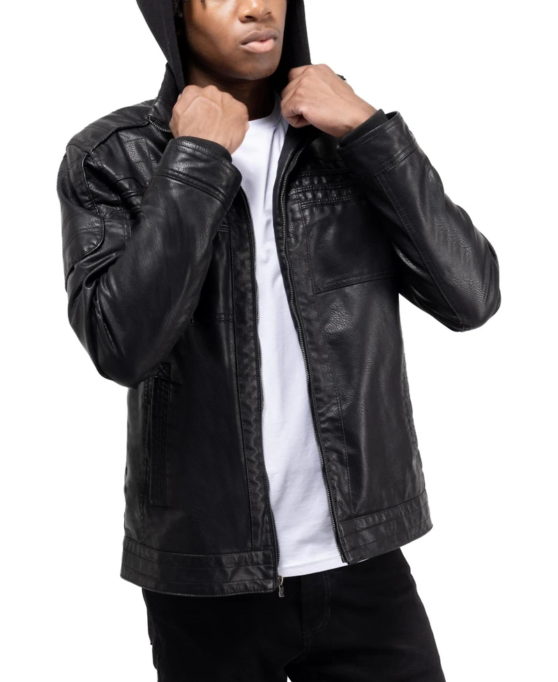 X-Ray Men's Grainy Polyurethane Leather Hooded Jacket with Faux Shearling Lining