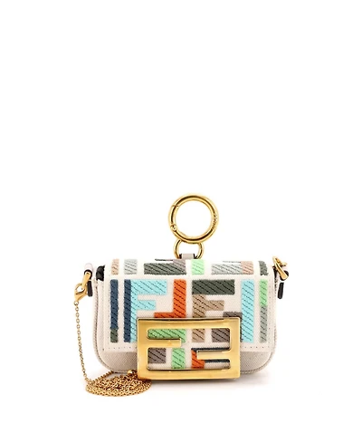 Pre-Owned Fendi Nano Chain Baguette Charm Bag Zucca Embroidered Canvas