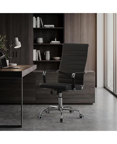 Swivel Home Office Chair, Adjustable Height Ergonomic Executive Computer Chair, Ribbed Pu Leather Conference Room Chair with Arms, Black