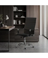 Swivel Home Office Chair, Adjustable Height Ergonomic Executive Computer Chair, Ribbed Pu Leather Conference Room Chair with Arms, Black