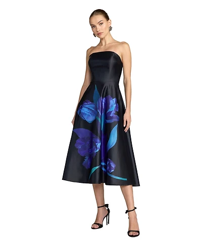 Mac Duggal Women's Strapless Satin Midi Dress With Flower Print