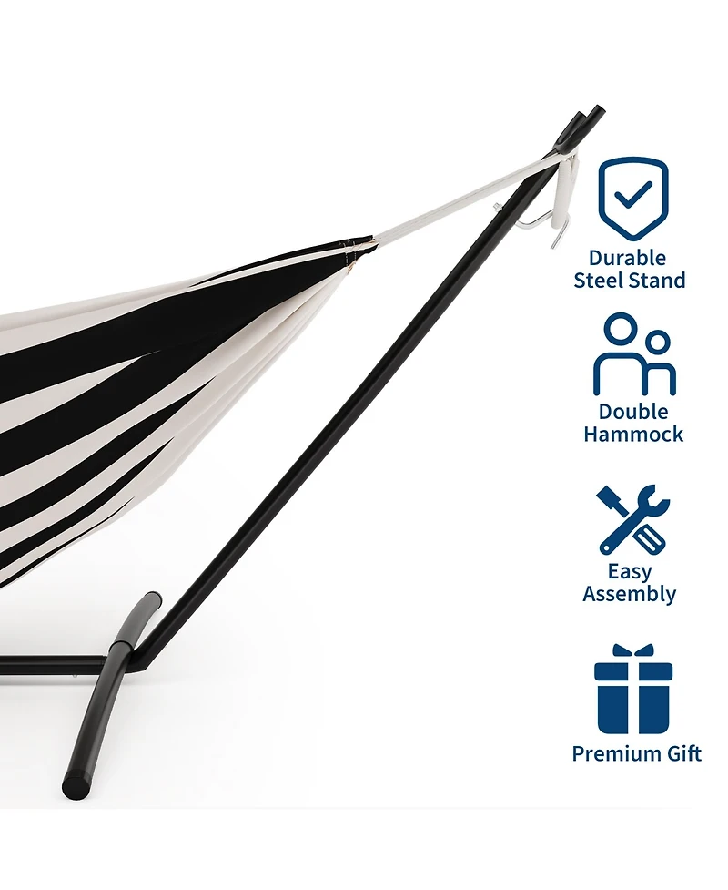 Double Hammock with Heavy-Duty Steel Stand, Indoor Outdoor Portable 2-Person Striped Cotton Freestanding Hammock with Carry Bag for Garden Camping