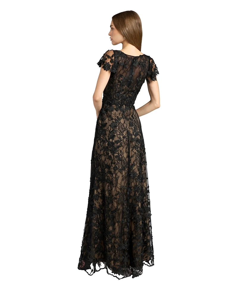 Mac Duggal Women's Embroidered Applique Wrap Over Flutter Sleeve Gown