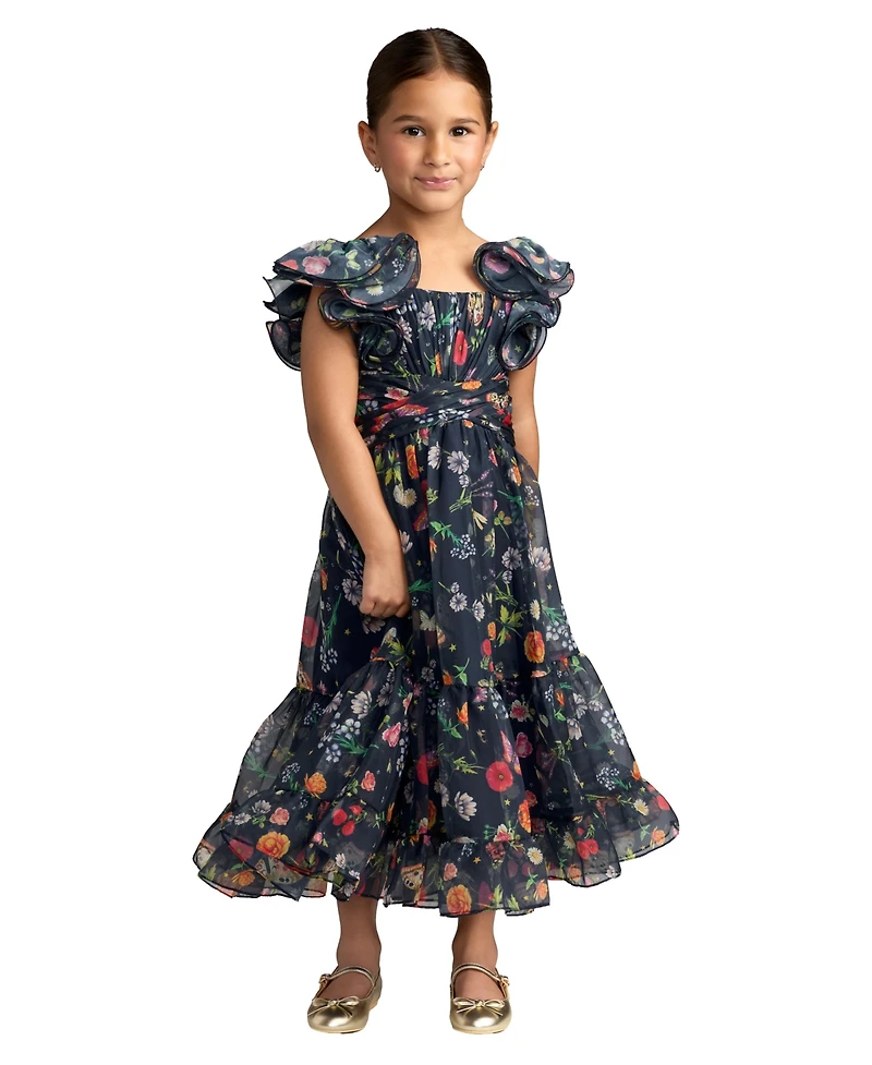 Mac Duggal Big Girls Floral Chiffon Ruffle Sleeve Dress