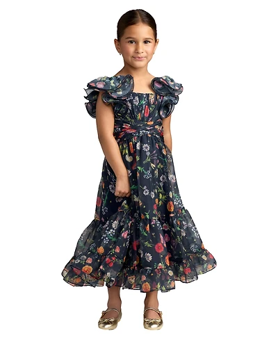 Mac Duggal Big Girls Floral Chiffon Ruffle Sleeve Dress