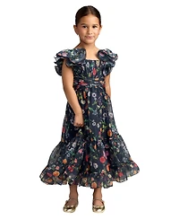 Mac Duggal Big Girls Floral Chiffon Ruffle Sleeve Dress