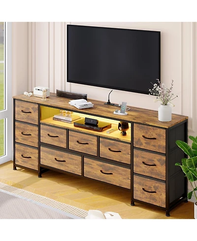 63" 11-Drawer Dresser and Tv Stand with Power Outlets and Led Lights, Entertainment Center
