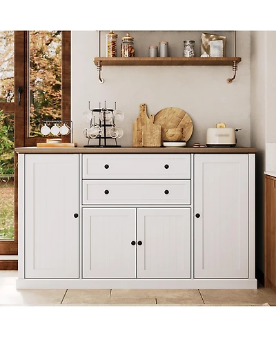 58" Farmhouse Sideboard Buffet Cabinet with 2 Drawers and 4 Barn Doors, Coffee Bar Console
