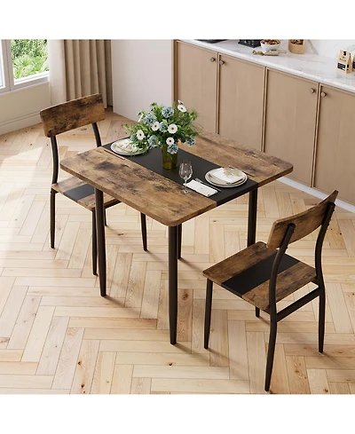 Dining Table Set for 2, 3-Piece Kitchen Set with Metal Frame and Mdf Board, Two-Tone Splicing Desktop, for Apartment, Kitchen, Dining Room