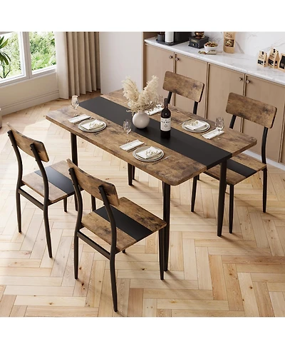 Dining Table Set for 4, 5-Piece Kitchen Set with Metal Frame and Mdf Board, Two-Tone Splicing Desktop, for Apartment, Kitchen, Dining Room
