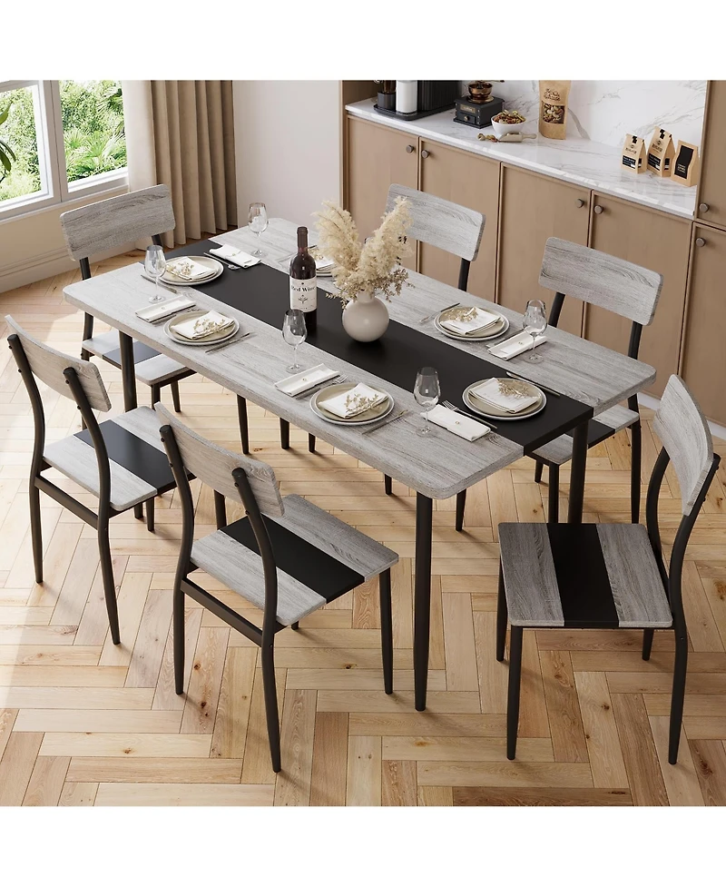 Dining Table Set for 6, 7-Piece Kitchen Set with Metal Frame and Mdf Board, Two-Tone Splicing Desktop, for Apartment, Kitchen, Dining Room