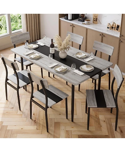 Dining Table Set for 6, 7-Piece Kitchen Set with Metal Frame and Mdf Board, Two-Tone Splicing Desktop, for Apartment, Kitchen, Dining Room