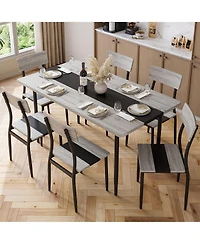 Dining Table Set for 6, 7-Piece Kitchen Set with Metal Frame and Mdf Board, Two-Tone Splicing Desktop, for Apartment, Kitchen, Dining Room