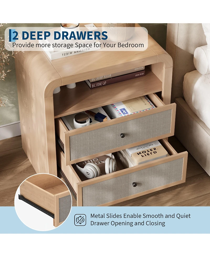 2-Drawer Nightstand, Modern Bedside Table with Built in Charging Station, Anti-Tip Kit, Sturdy Storage Cabinet for Bedroom, Living Room, Entryway